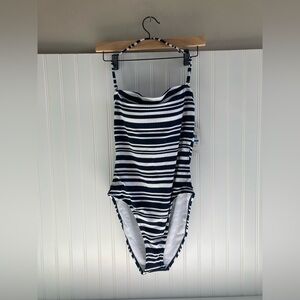 Nautica Womens Deep Sea White/Navy Striped Ribbed Swimsuit Tummy Control XL NWT